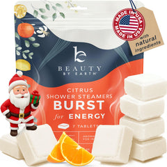 Beauty by Earth shower steamer packaging highlights gift-ready citrus aromatherapy.