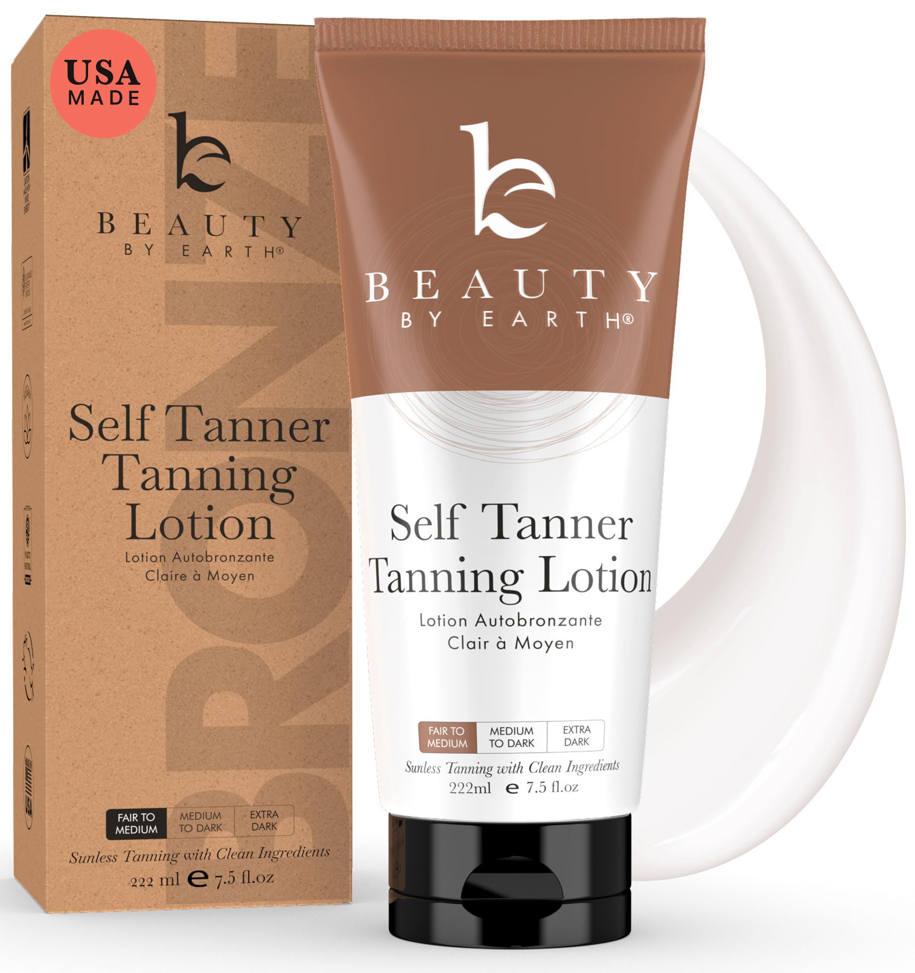 Beauty by Earth tanning lotion bottle demonstrates a natural, sun-kissed glow without orange undertones.