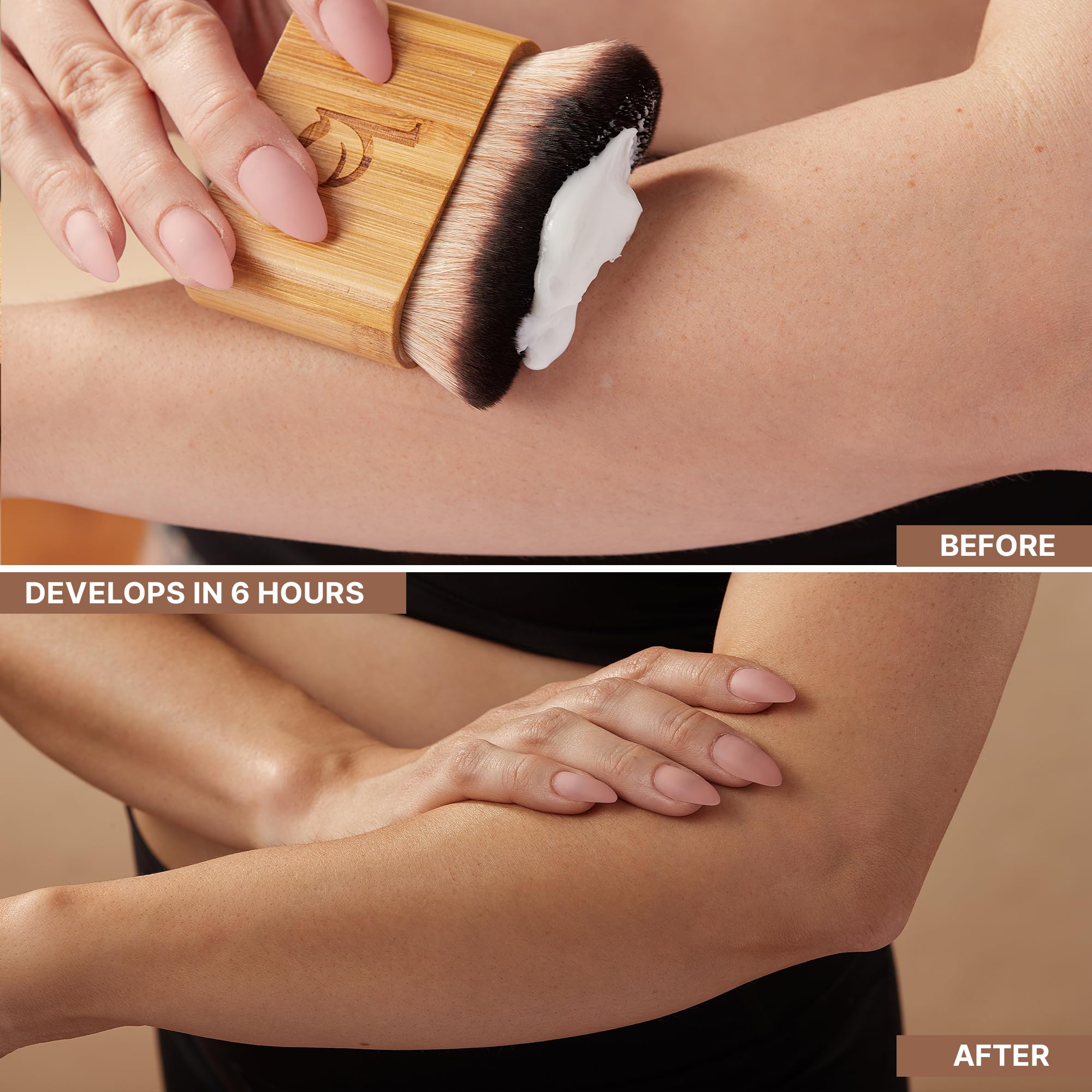 Beauty by Earth face and body tan on skin shows natural, blended color across the neckline.