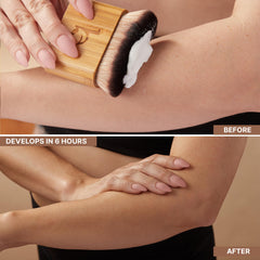 Beauty by Earth face and body tan on skin shows natural, blended color across the neckline.