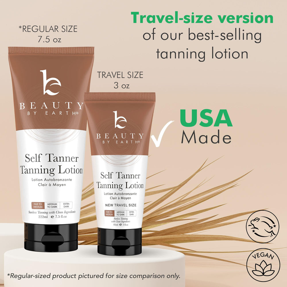 Beauty by Earth tanning lotion bottle demonstrating smooth, even application for natural tan