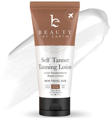 Beauty by Earth tanning lotion travel-size bottle, ideal for on-the-go self-tanning routines.