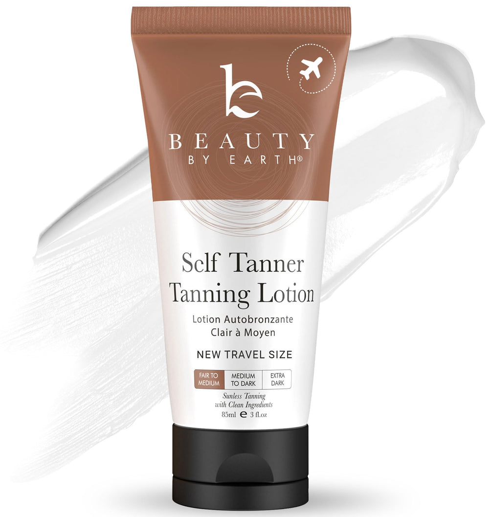 Beauty by Earth tanning lotion travel-size bottle ready for vacation bronzing on the go