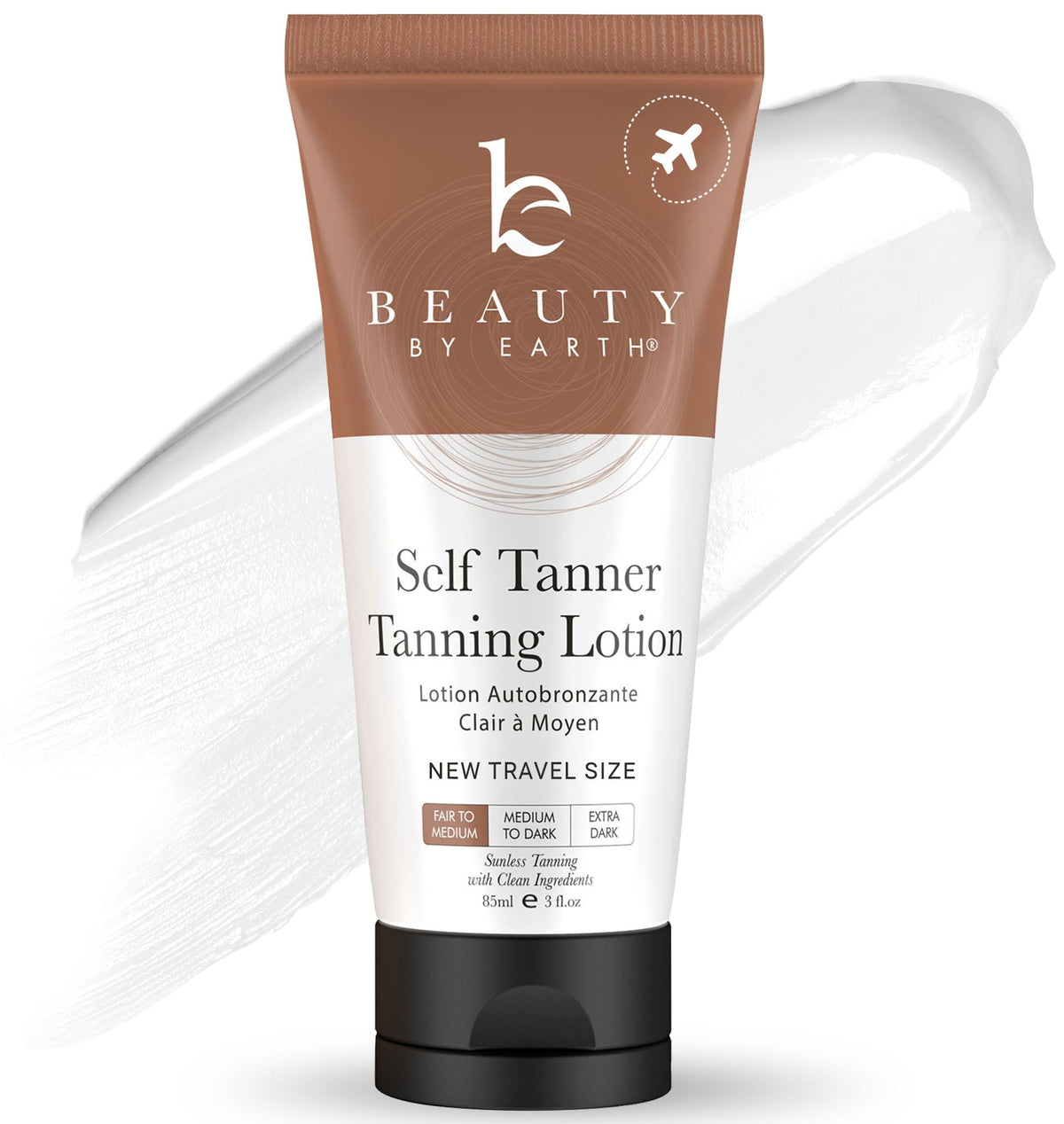 Beauty by Earth tanning lotion travel-size bottle ready for vacation bronzing on the go