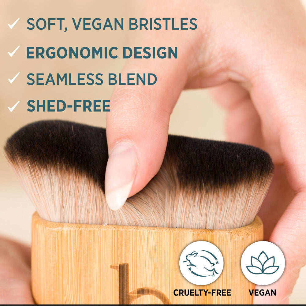 Beauty by Earth Ultra Soft Self Tanner Brush bristles closeup highlights soft vegan bristles for smooth application.