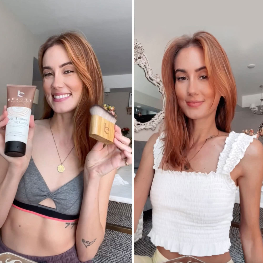 Beauty by Earth USA-made self-tanner bottle on countertop