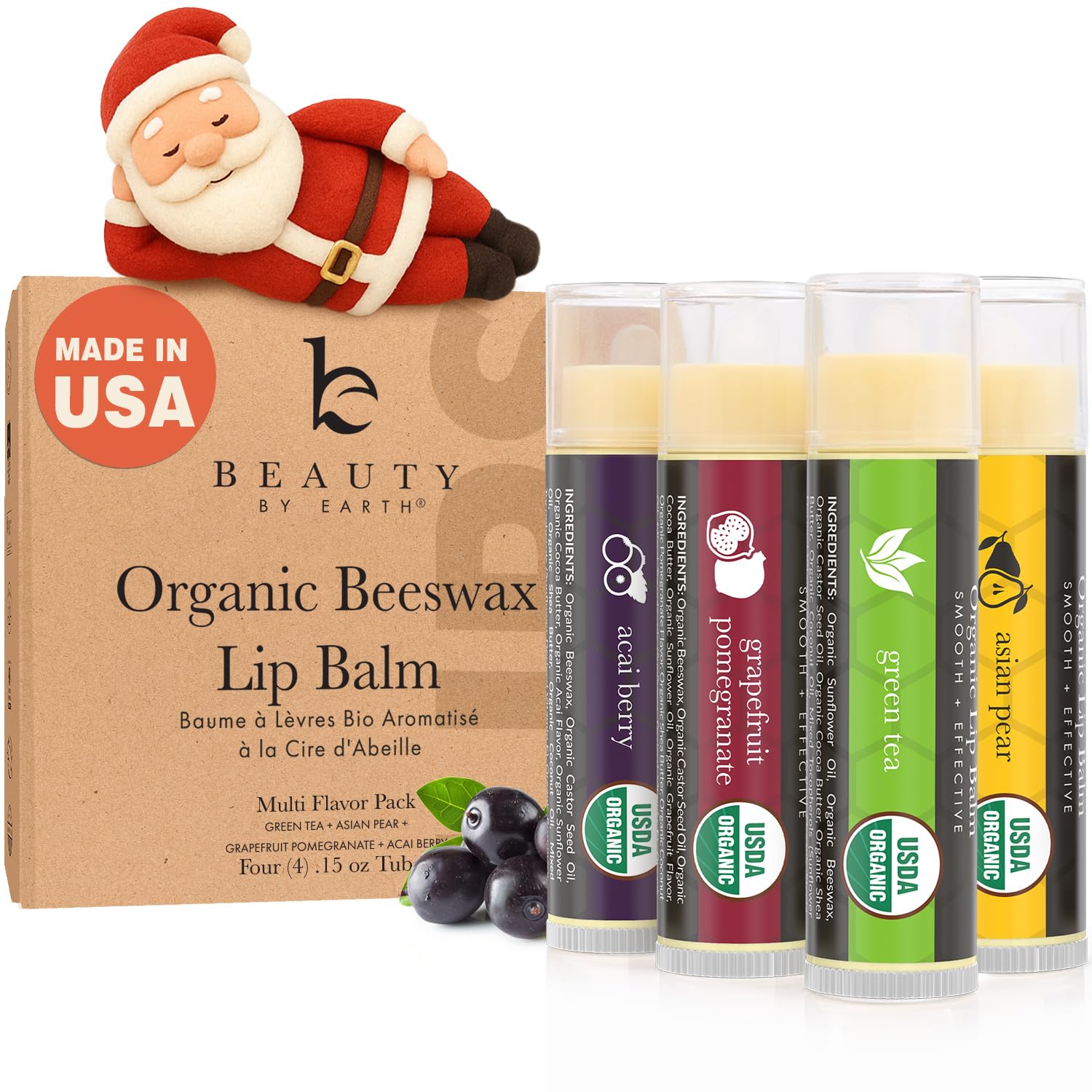 Beauty by Earth lip balm packaging showing a four-pack set for gifting