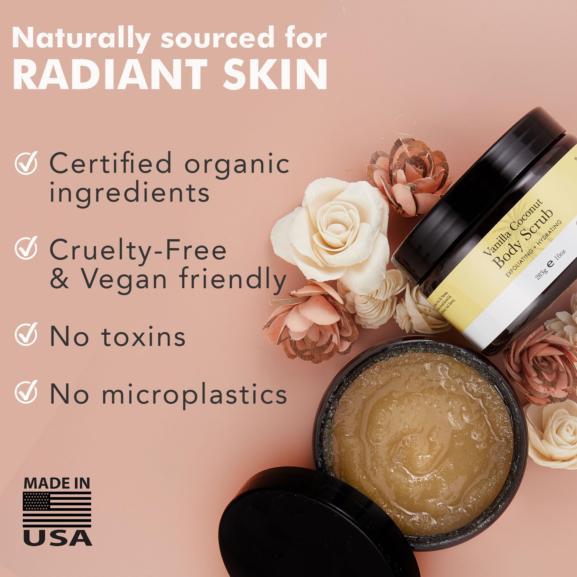 Beauty by Earth Vanilla Coconut Body Scrub hand-application demonstrates smoothing exfoliation.