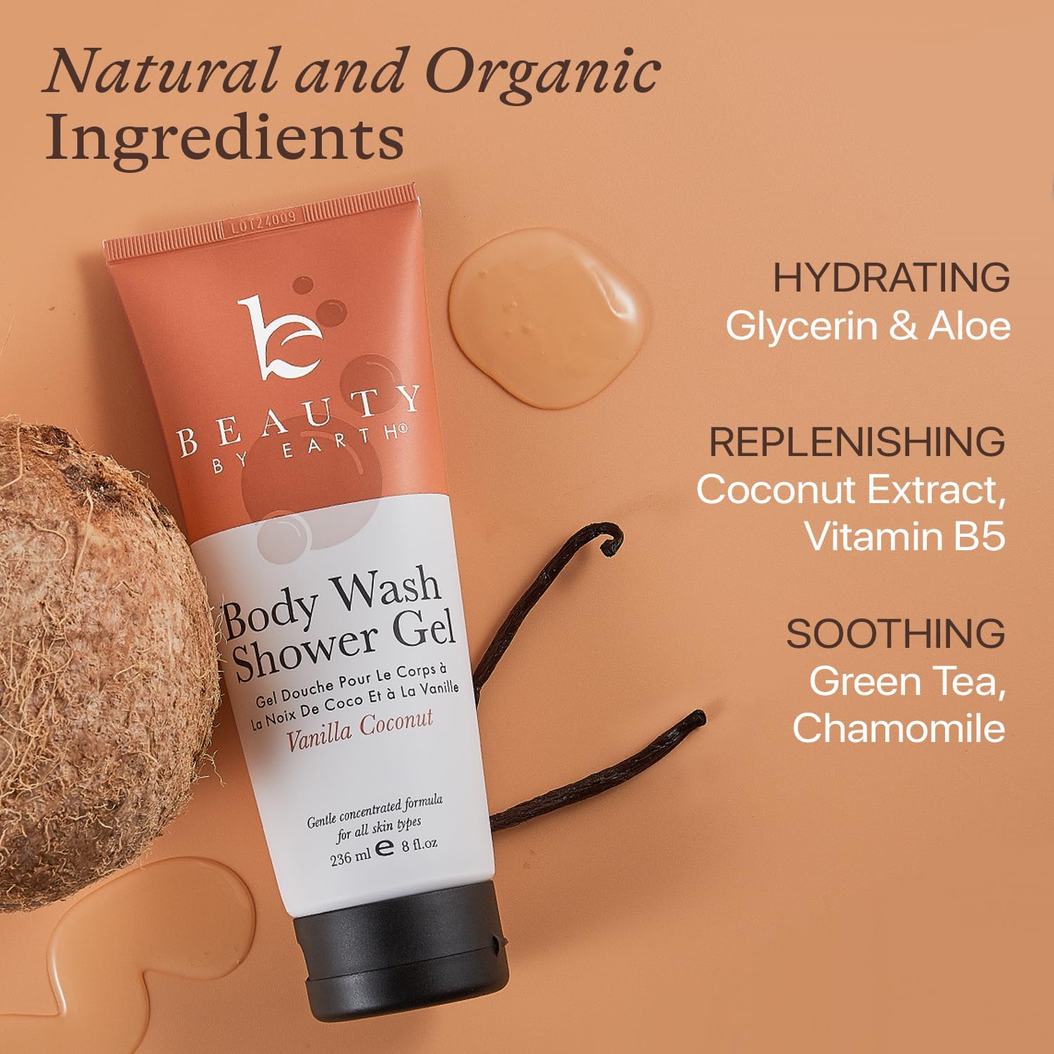 Beauty by Earth vanilla coconut shower gel bottle closeup highlights natural ingredients for sensitive skin