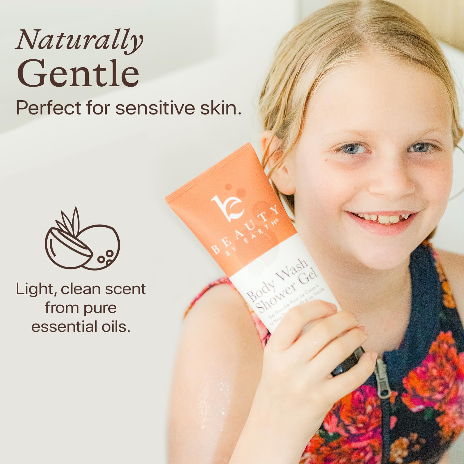Beauty by Earth vanilla coconut shower gel daily-use bottle in bathroom setting