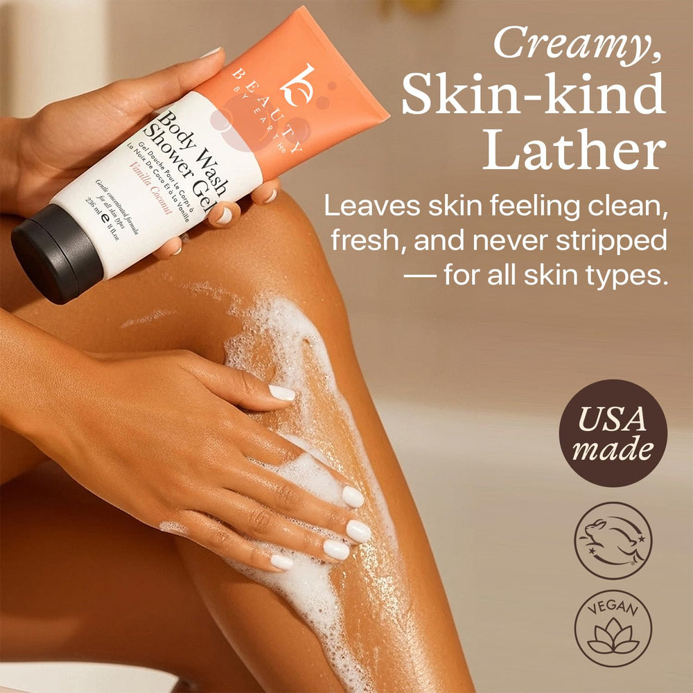 Beauty by Earth vanilla coconut shower gel ingredients graphic showcases Aloe Vera and coconut extract