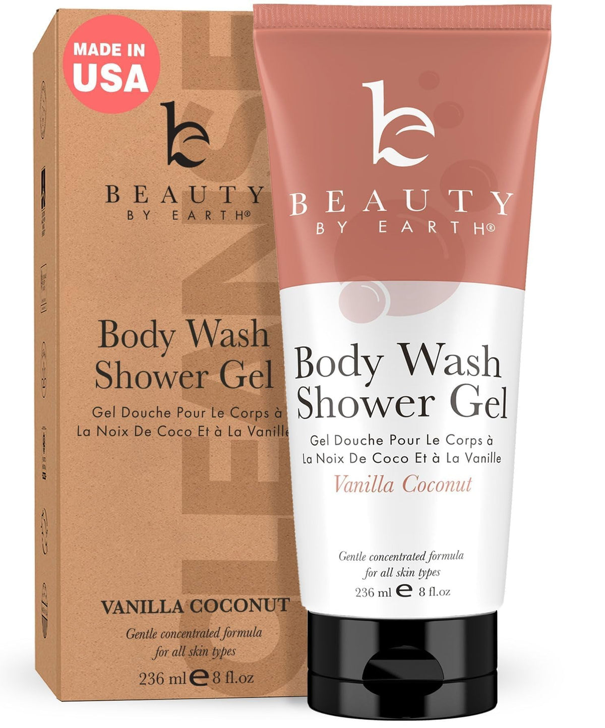 Beauty by Earth vanilla coconut shower gel pump bottle showing convenient dispensing for daily use