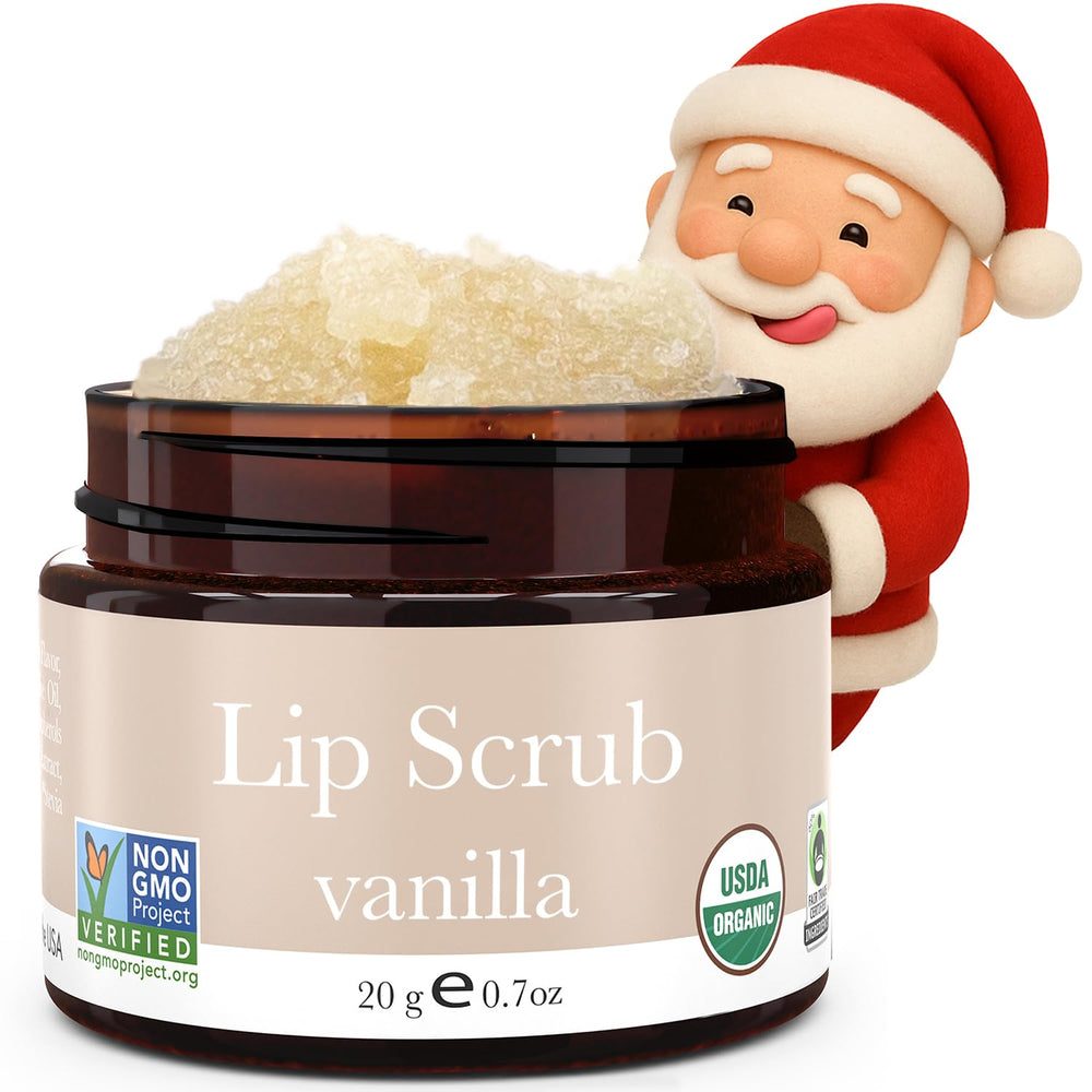 Beauty by Earth vanilla lip scrub tube highlighting USDA organic formula for smooth, hydrated lips