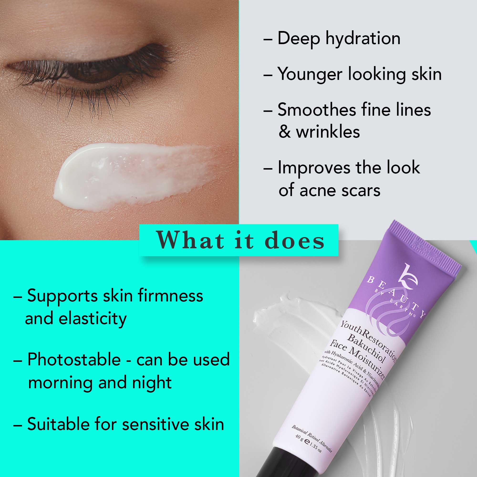 Beauty by Earth woman applying moisturizer as part of daily routine.