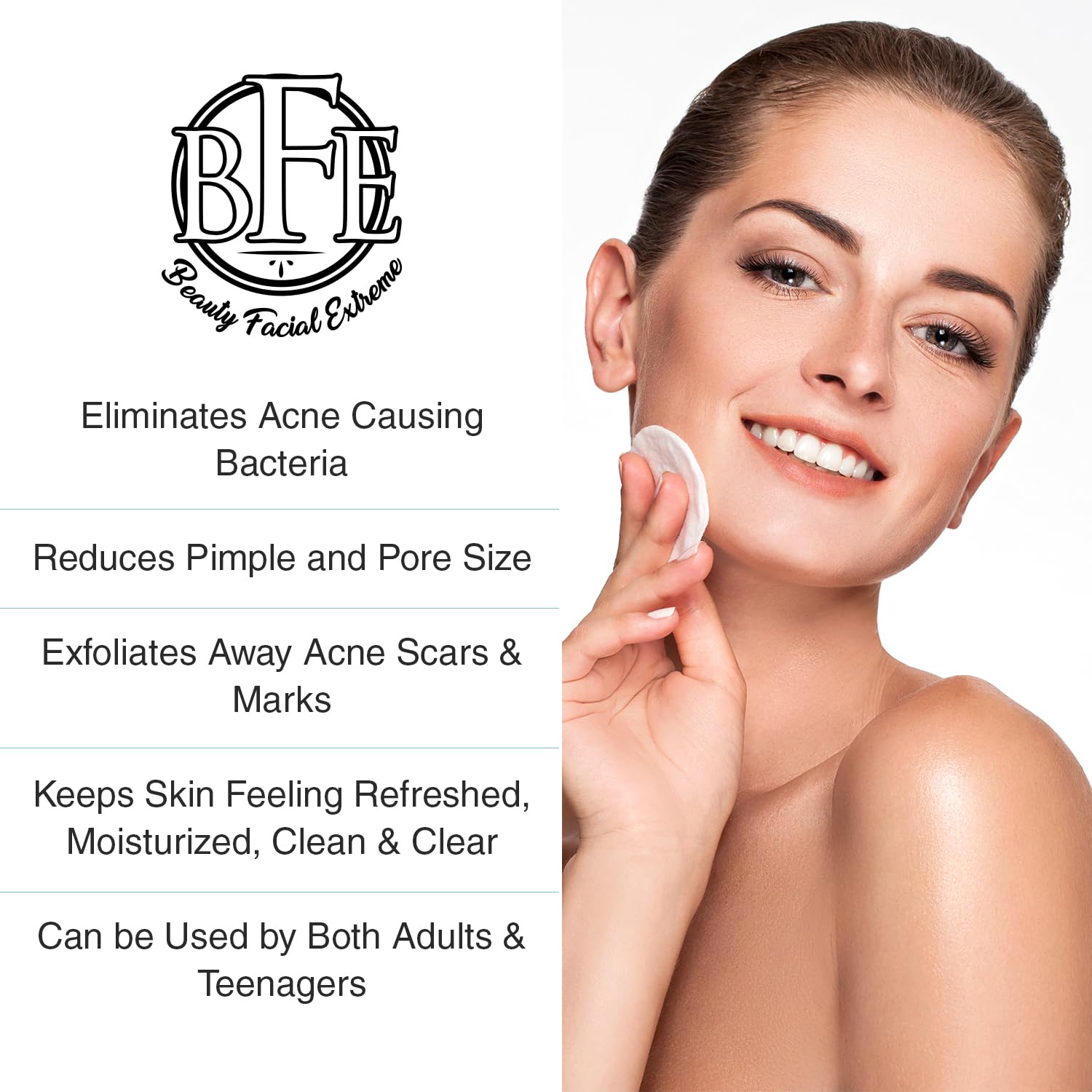 Beauty Facial Extreme acne pad face closeup reveals refreshed, hydrated skin after use