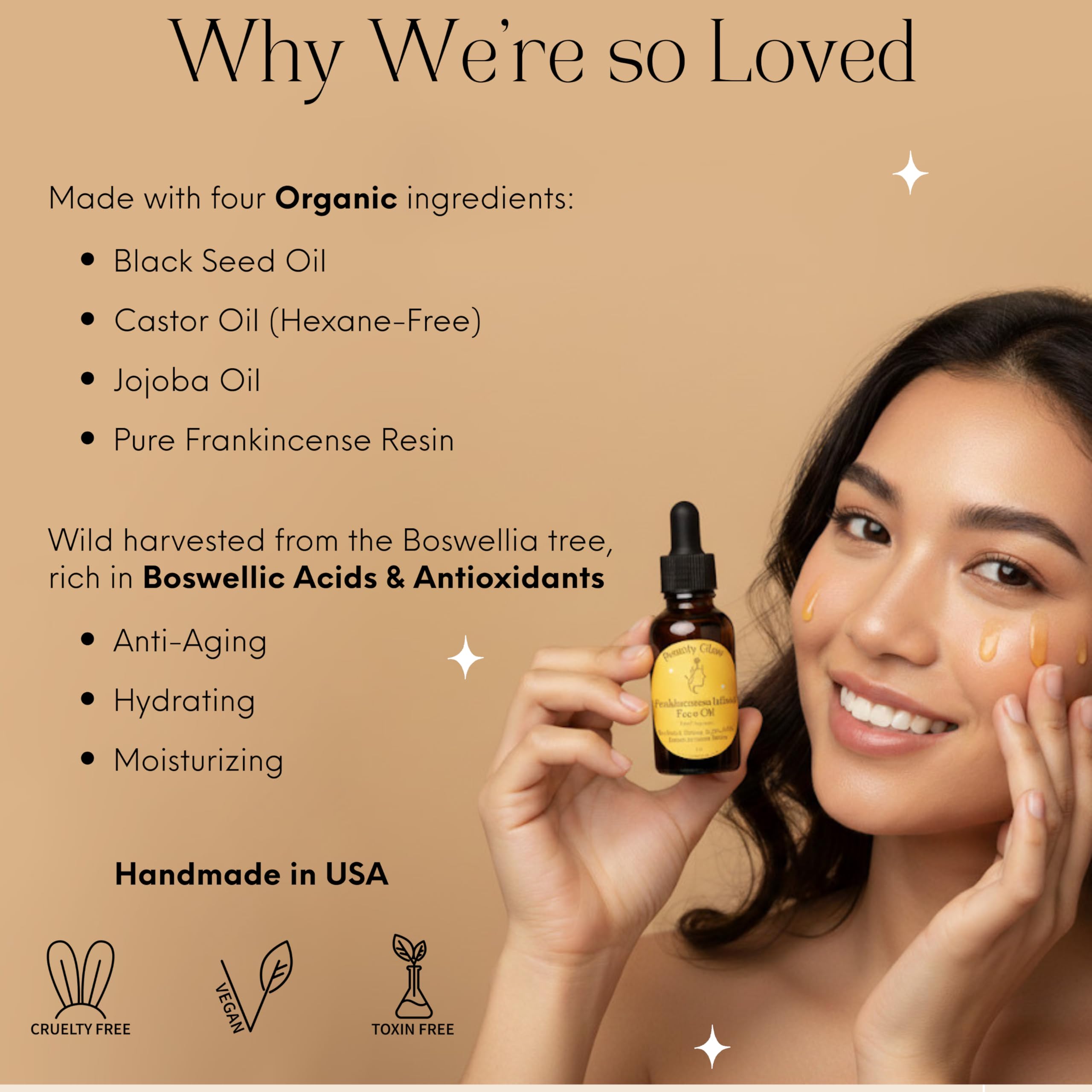 Beauty Glow black seed oil close-up showing skin-nourishing vitamins for a healthy glow