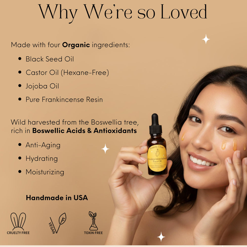 Beauty Glow black seed oil close-up showing skin-nourishing vitamins for a healthy glow