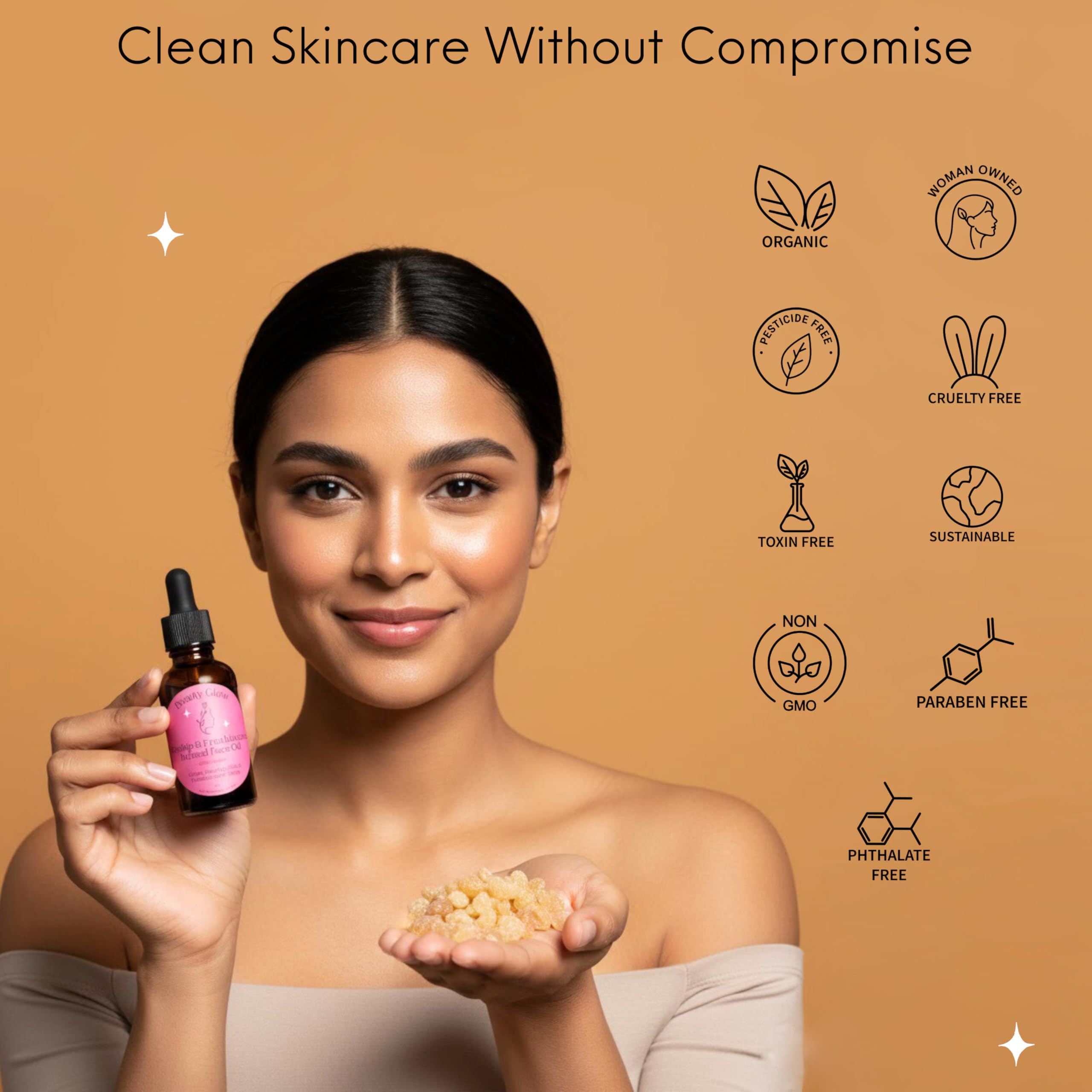 Beauty Glow castor oil bottle emphasizes vitamin E-rich hydration.