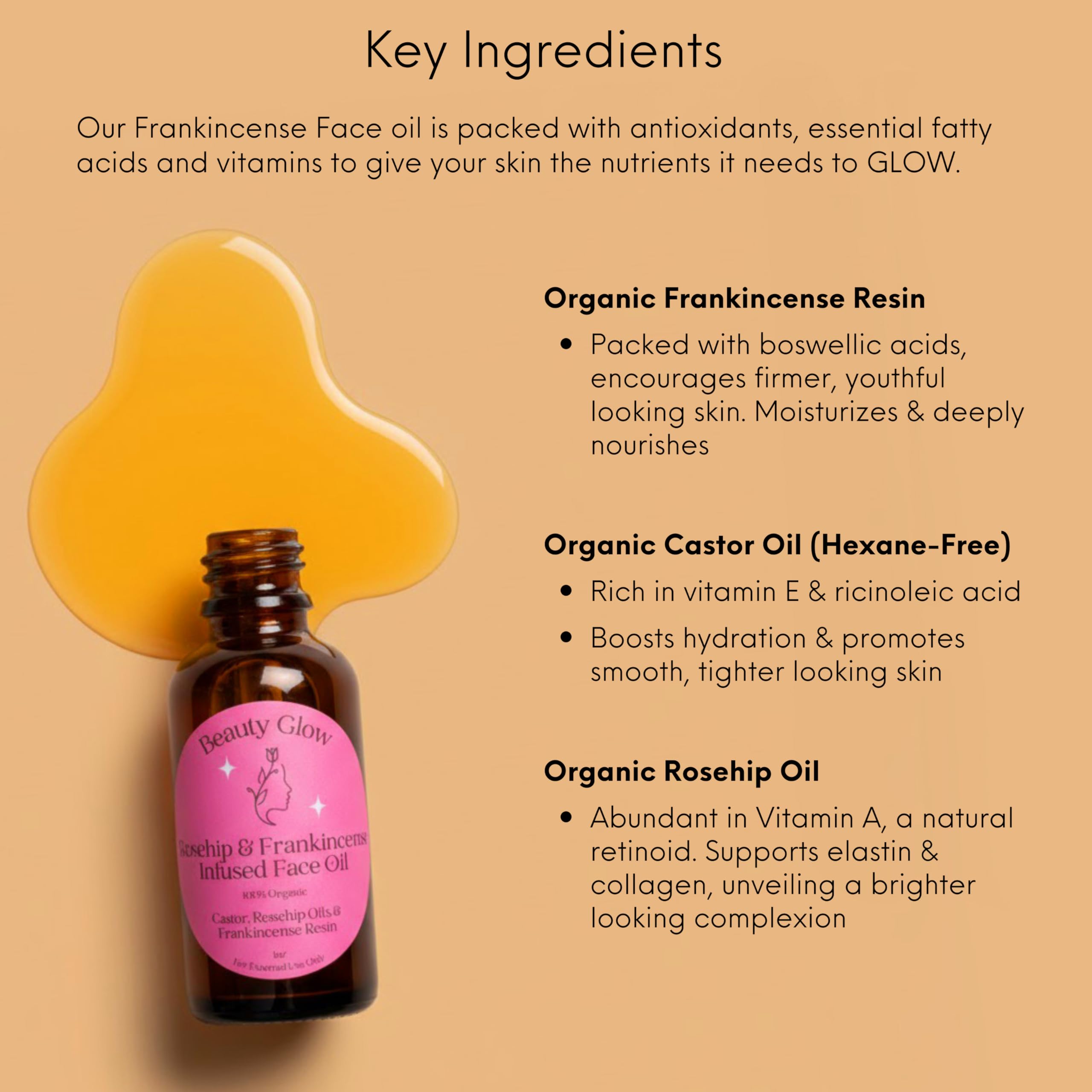 Beauty Glow face oil texture on skin with dewy finish and even tone.
