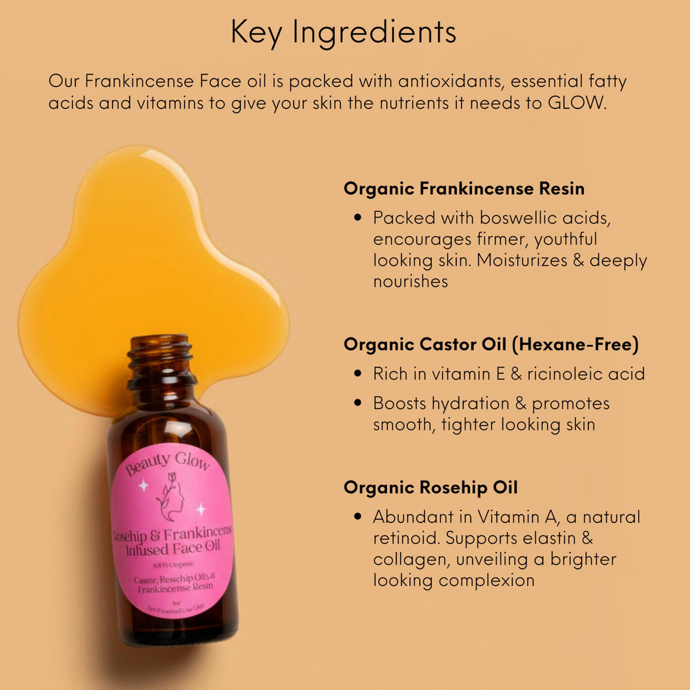 Beauty Glow face oil texture on skin with dewy finish and even tone.