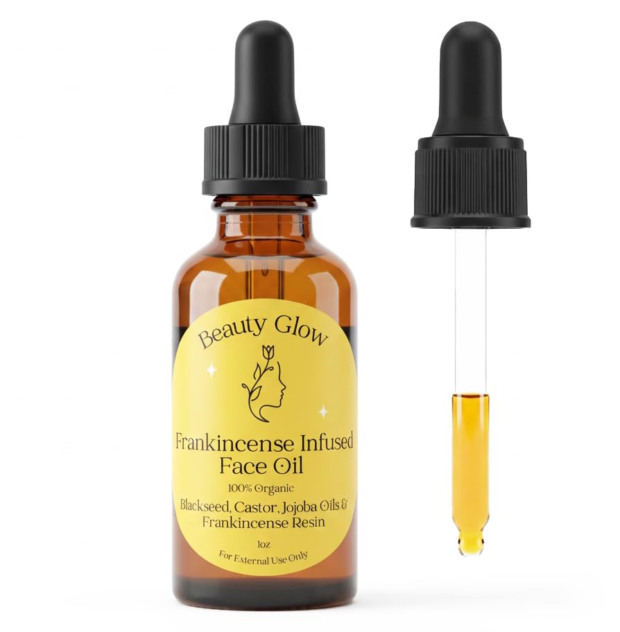 Beauty Glow frankincense resin-infused face oil bottle provides light hydration and glow