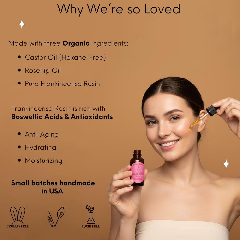 Beauty Glow frankincense resin infused face oil pour shows quick absorption and light texture.