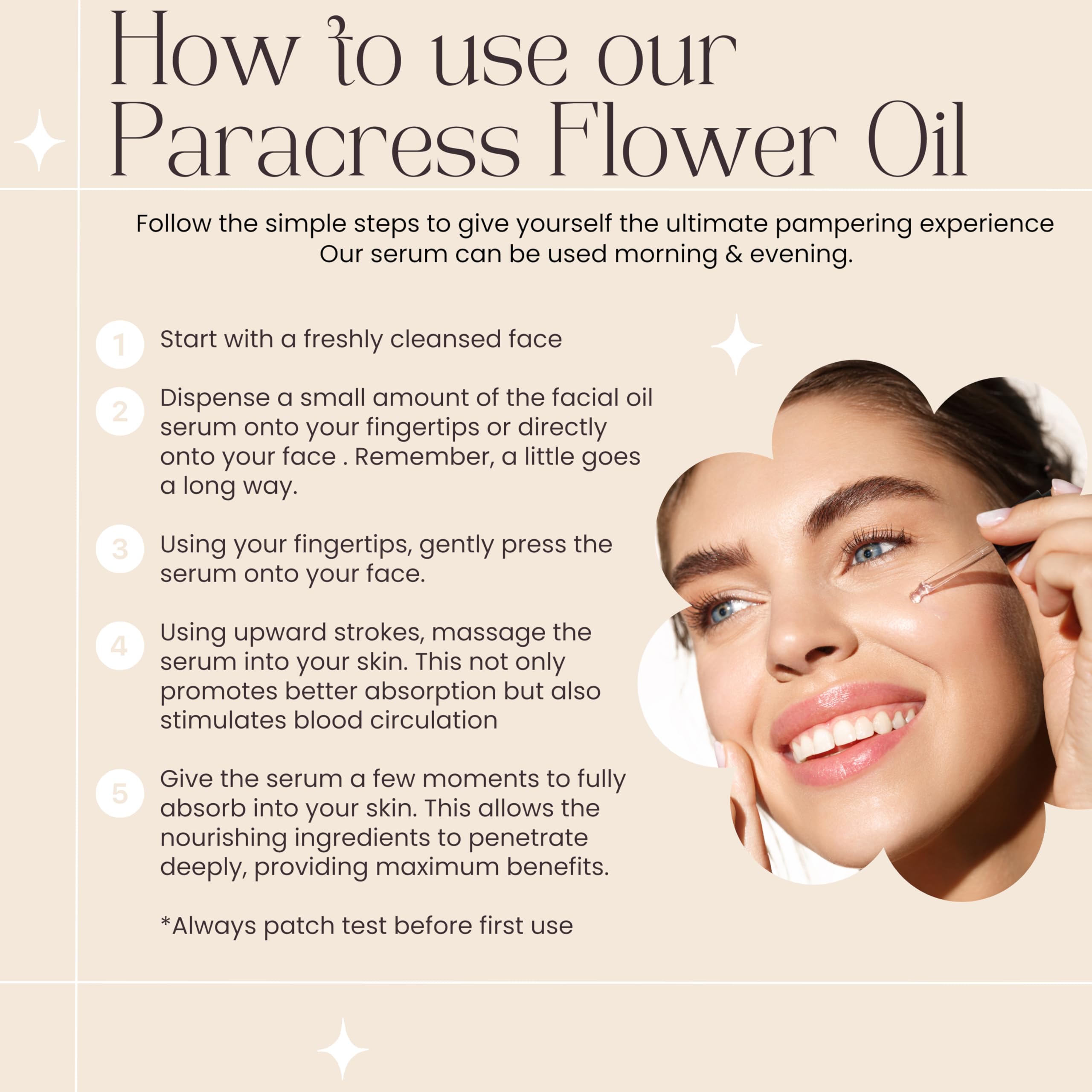 Beauty Glow paracress application on skin hints relaxing mood and smoother look.