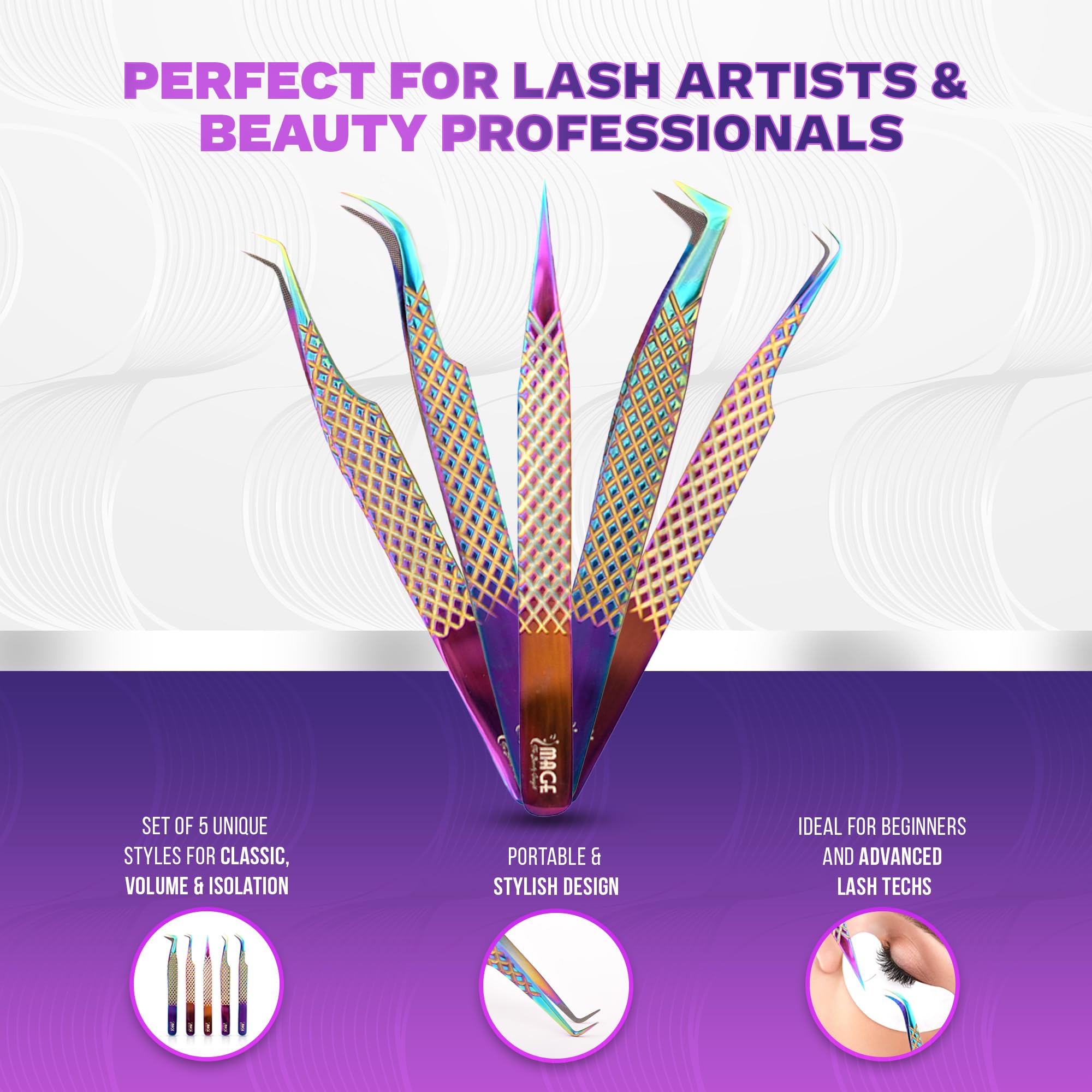 Image Beauty Insight 5-in-1 tweezer set with leather case for travel-ready lash work.