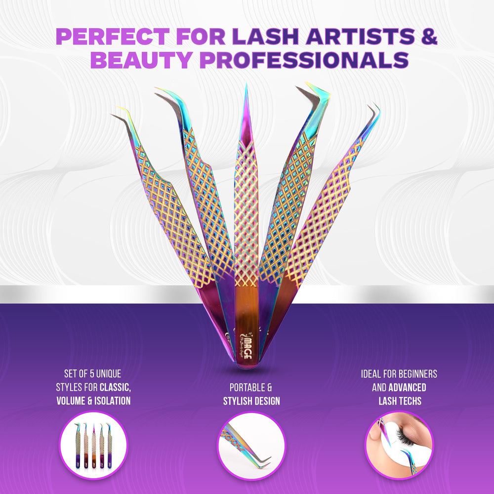 Image Beauty Insight 5-in-1 tweezer set with leather case for travel-ready lash work.