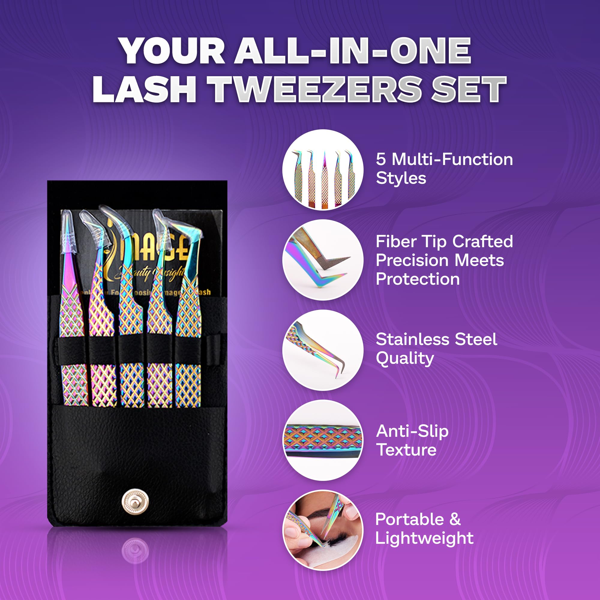 Image Beauty Insight Japanese steel tweezers curved tip for smooth lash extensions.