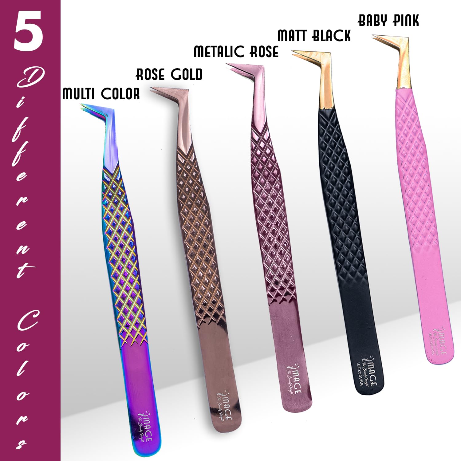 Image Beauty Insight rainbow-colored tweezers close-up highlighting ergonomic anti-slip grip.