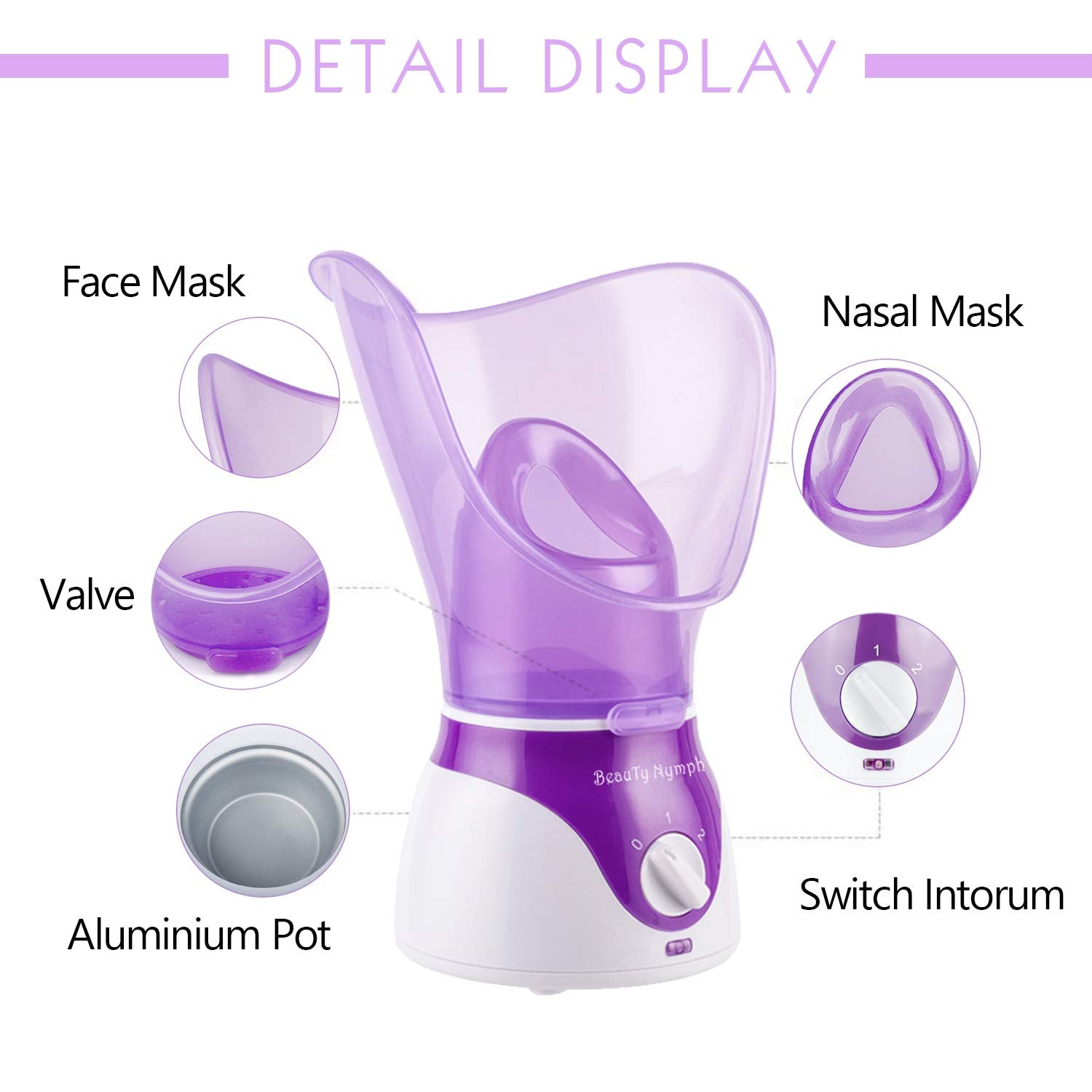 beauty-nymph face steamer on vanity with steam mist for relaxing routine.