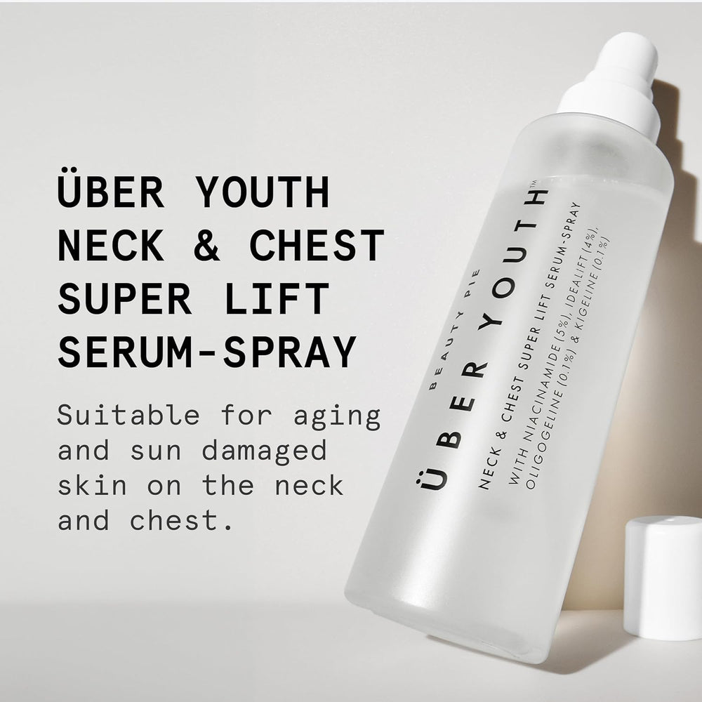 Beauty Pie Uber Youth neck-chest serum-spray application demonstrates easy daily use