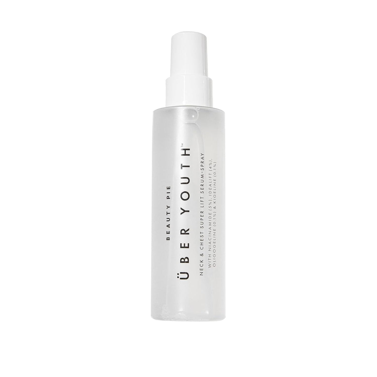 Beauty Pie Uber Youth neck-chest serum-spray bottle shows firming and hydrating action