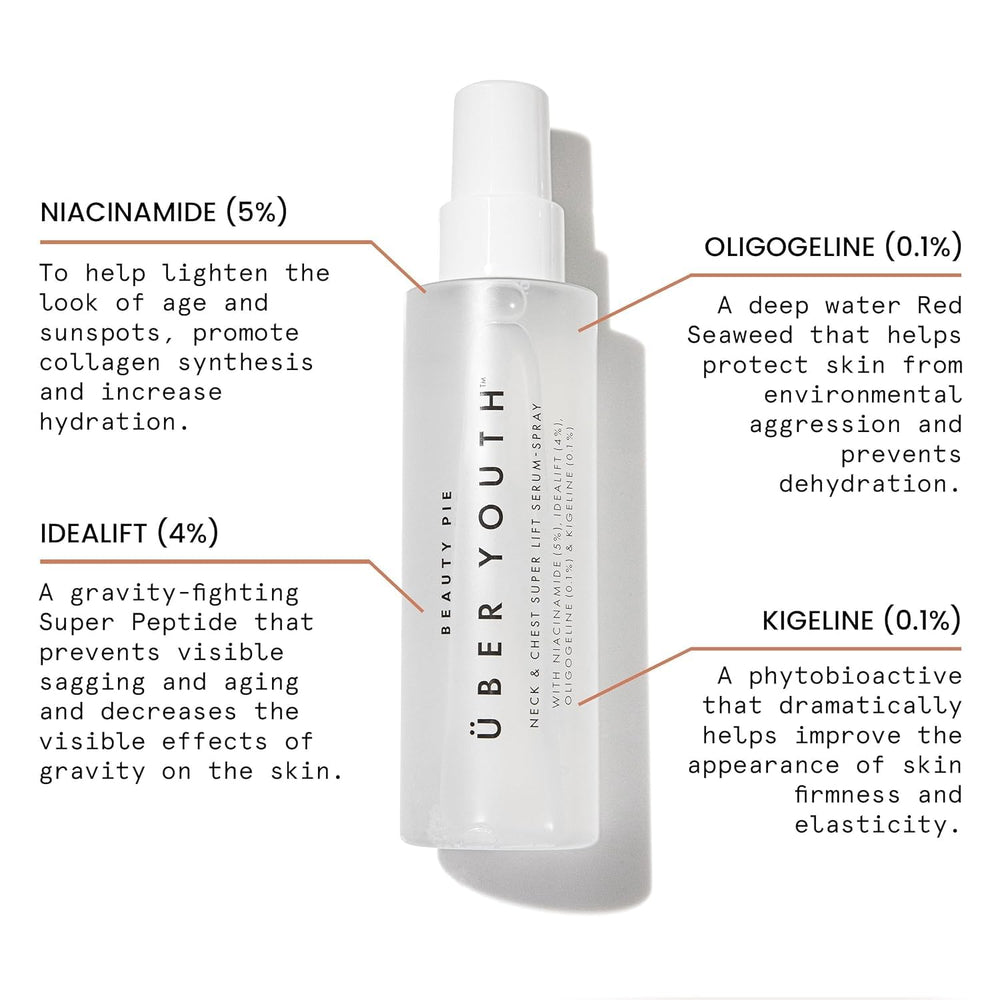 Beauty Pie Uber Youth neck-chest serum-spray closeup reveals lightweight fast-absorbing formula