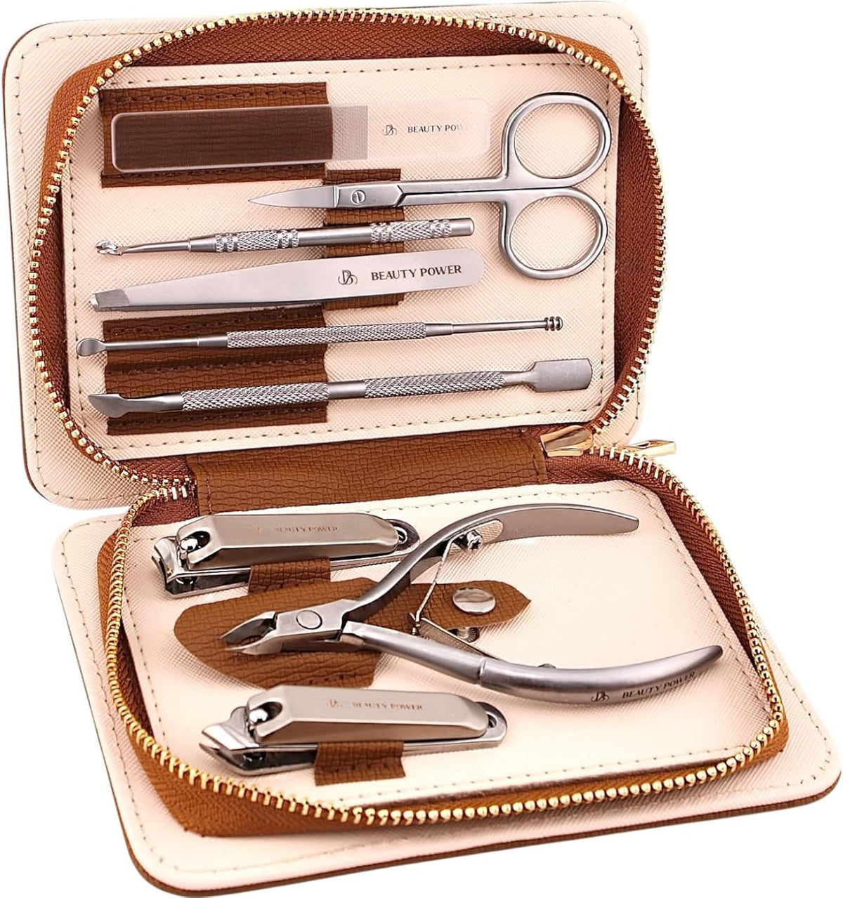 Beauty Power 9-in-1 travel case closeup showing compact travel-ready organization for grooming on the go.