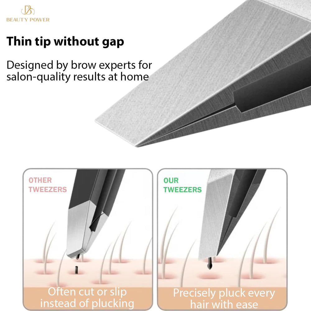 Beauty Power matte gold handle tweezers demonstrate secure grip for precise control