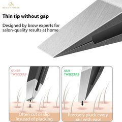 Beauty Power matte gold handle tweezers demonstrate secure grip for precise control