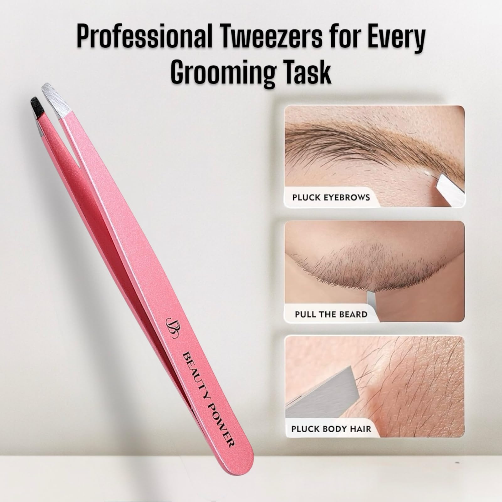 Beauty Power pink non-slip matte-handle tweezers for secure grip