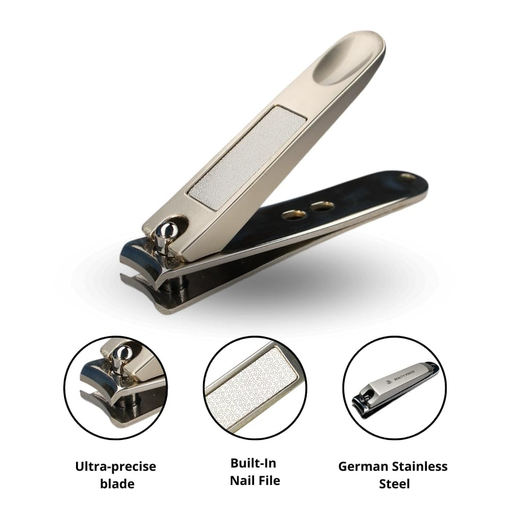 Beauty Power Nail Clippers Set anti-splash design keeps clippings contained during grooming.