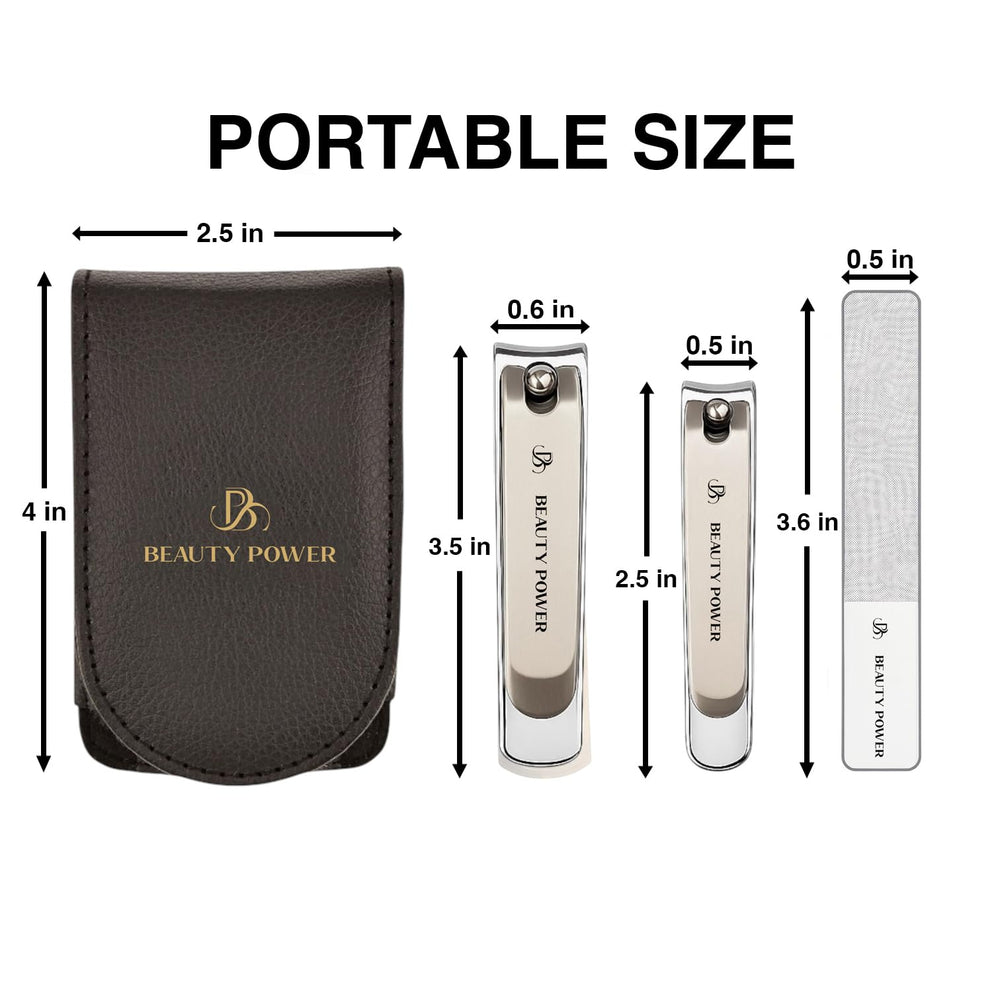 Beauty Power Nail Clippers Set PU leather travel case protects tools on the go.