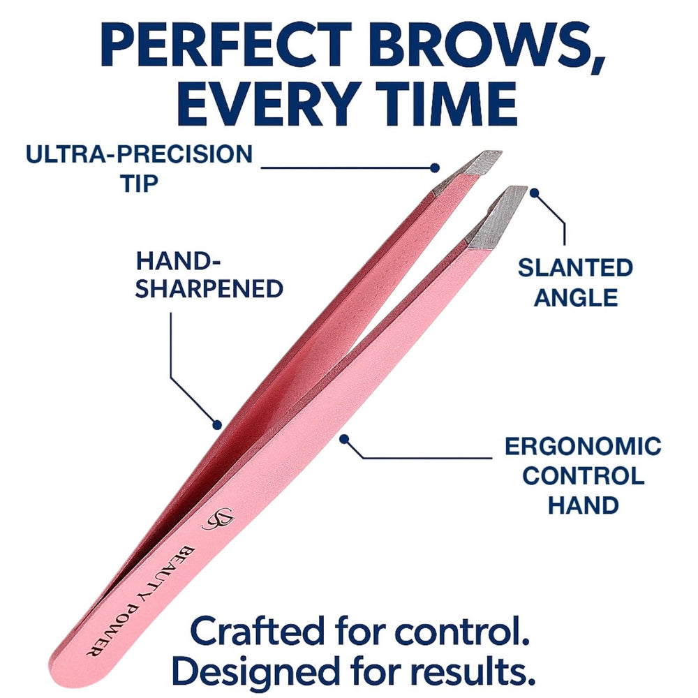 Beauty Power pink tweezers stainless steel ergonomic grip for comfortable grooming
