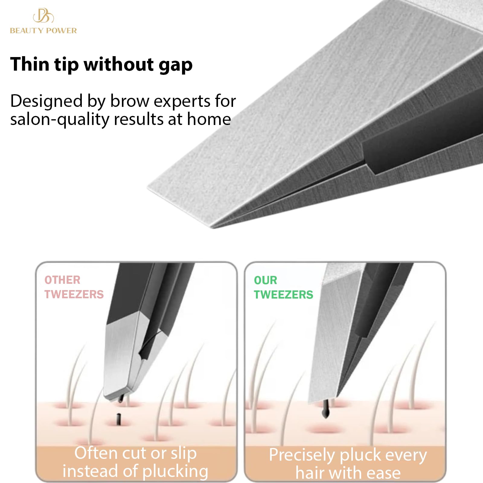 Beauty Power pink slant-tip tweezers for facial hair precision grooming