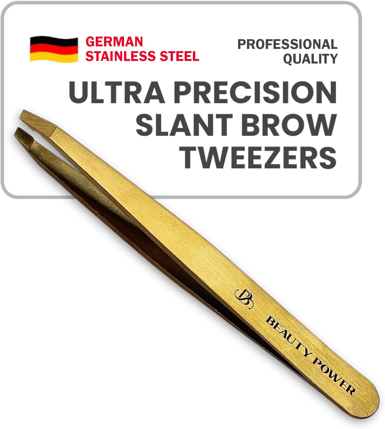 Beauty Power Ultra-Precision Slant Tweezers close-up for precise eyebrow shaping and facial hair grooming