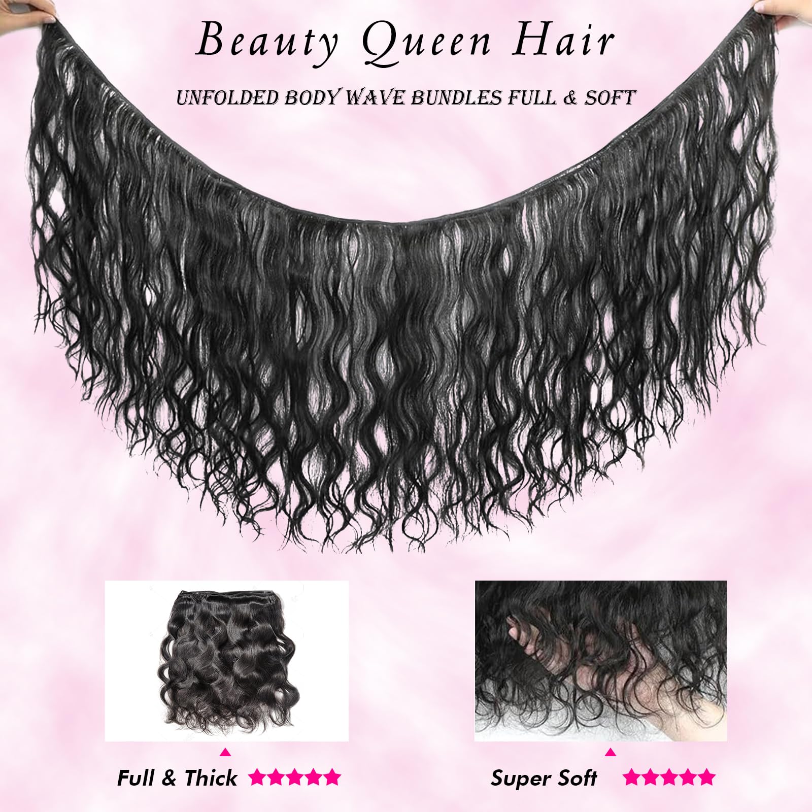Beauty Queen 16A body wave bundles texture closeup highlights soft, silky feel and easy detangling.