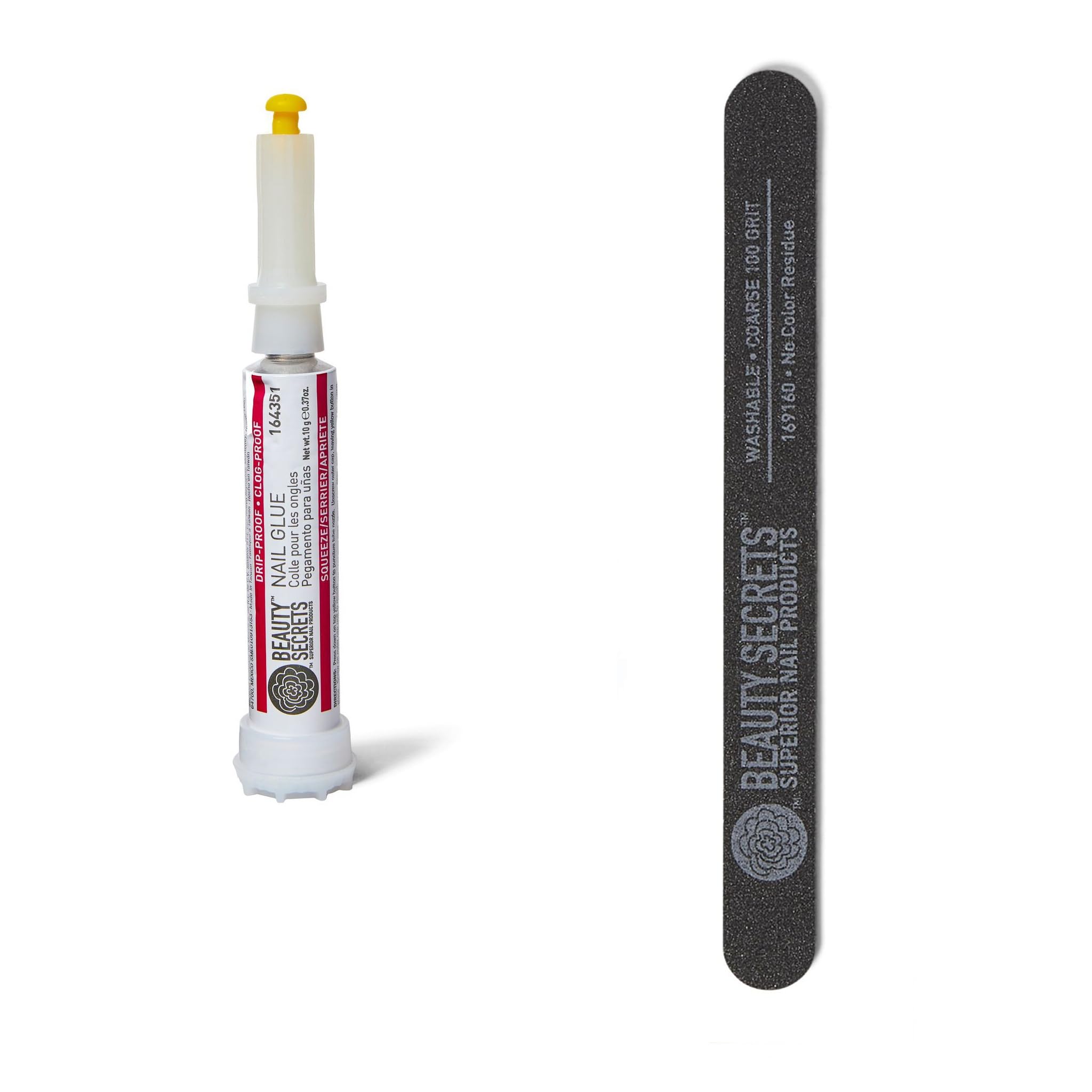 Beauty Secrets drip-proof nail glue bottle close-up with precision tip for mess-free use.