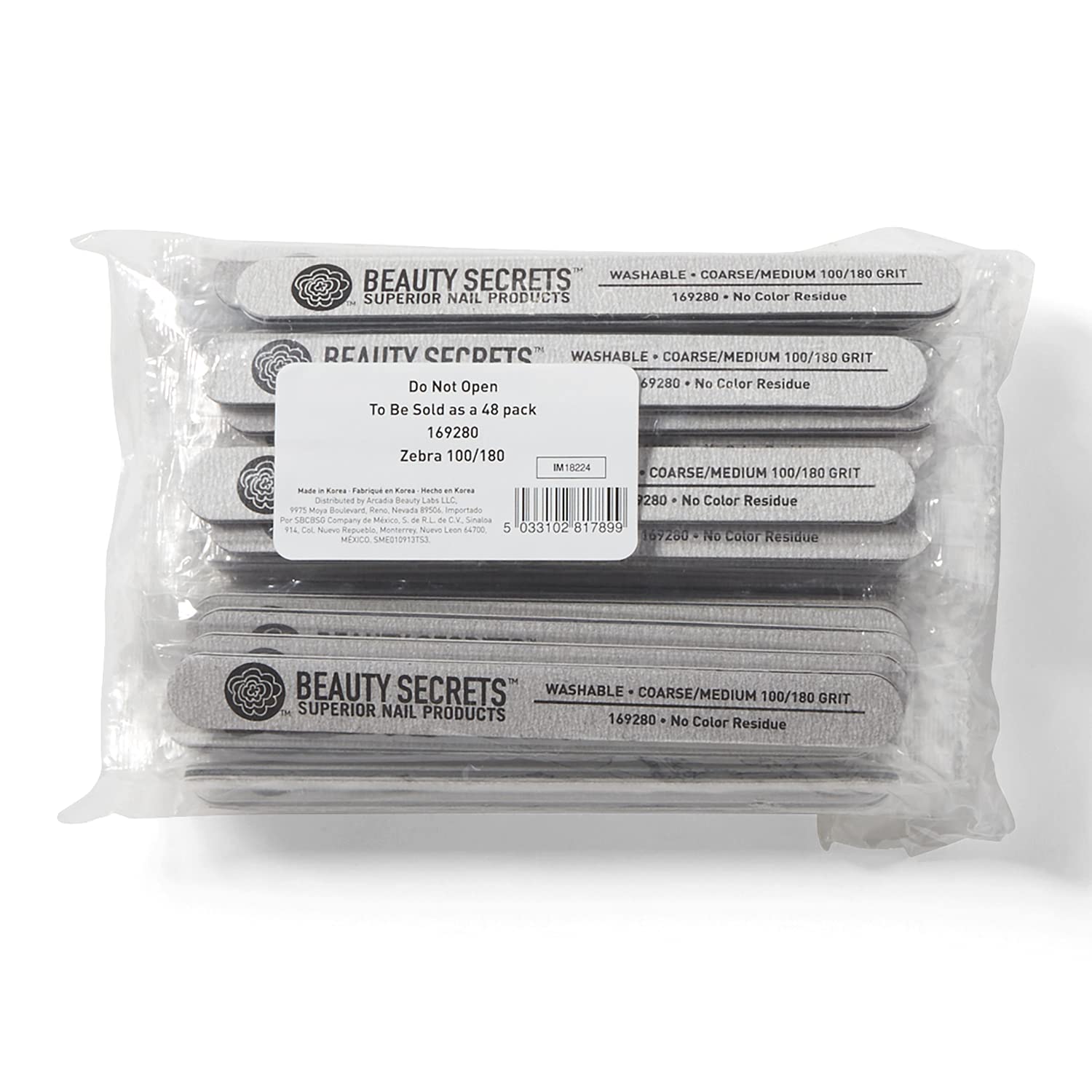 Beauty Secrets Zebra Cushion Nail File with 180/100 grit for acrylic nails and tips.