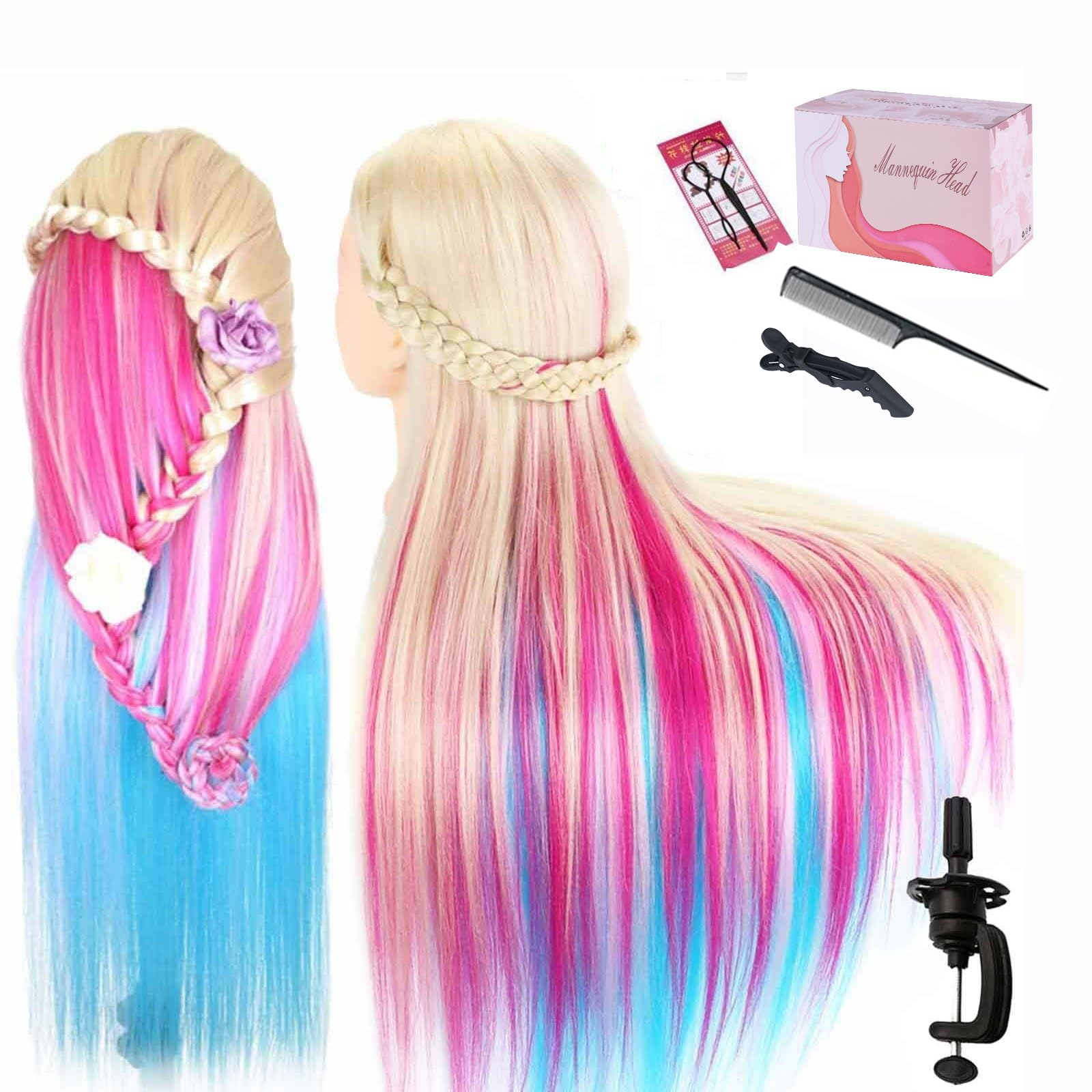 Beauty Star 29-inch mannequin head with rainbow hair for colorful braid practice