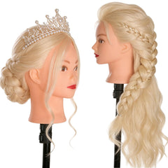 Beauty Star mannequin head close-up with braiding accessories for practice.