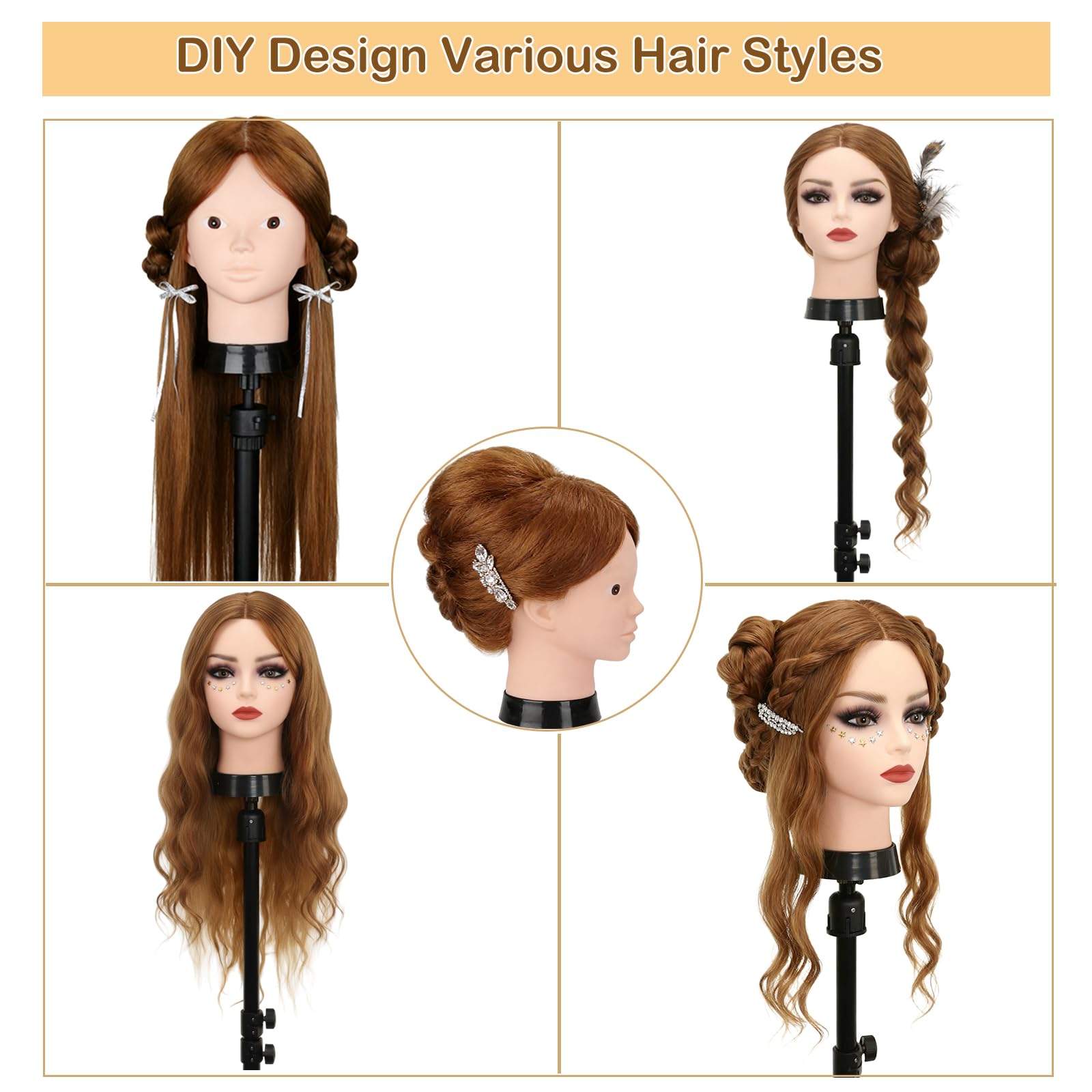 Beauty Star mannequin head with clamp stand for stable practice sessions.